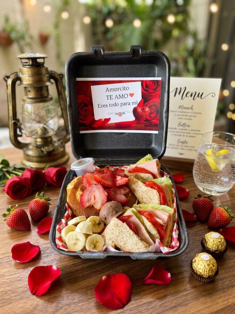 Desayuno sorpresa Amorcito en Puebla con tarjeta Te amo, hotcake con fresas y sándwiches