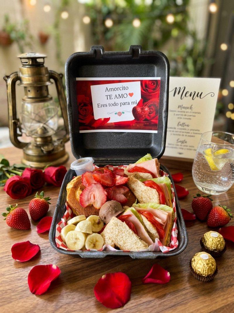 Desayuno sorpresa Amorcito en Puebla con tarjeta Te amo, hotcake con fresas y sándwiches